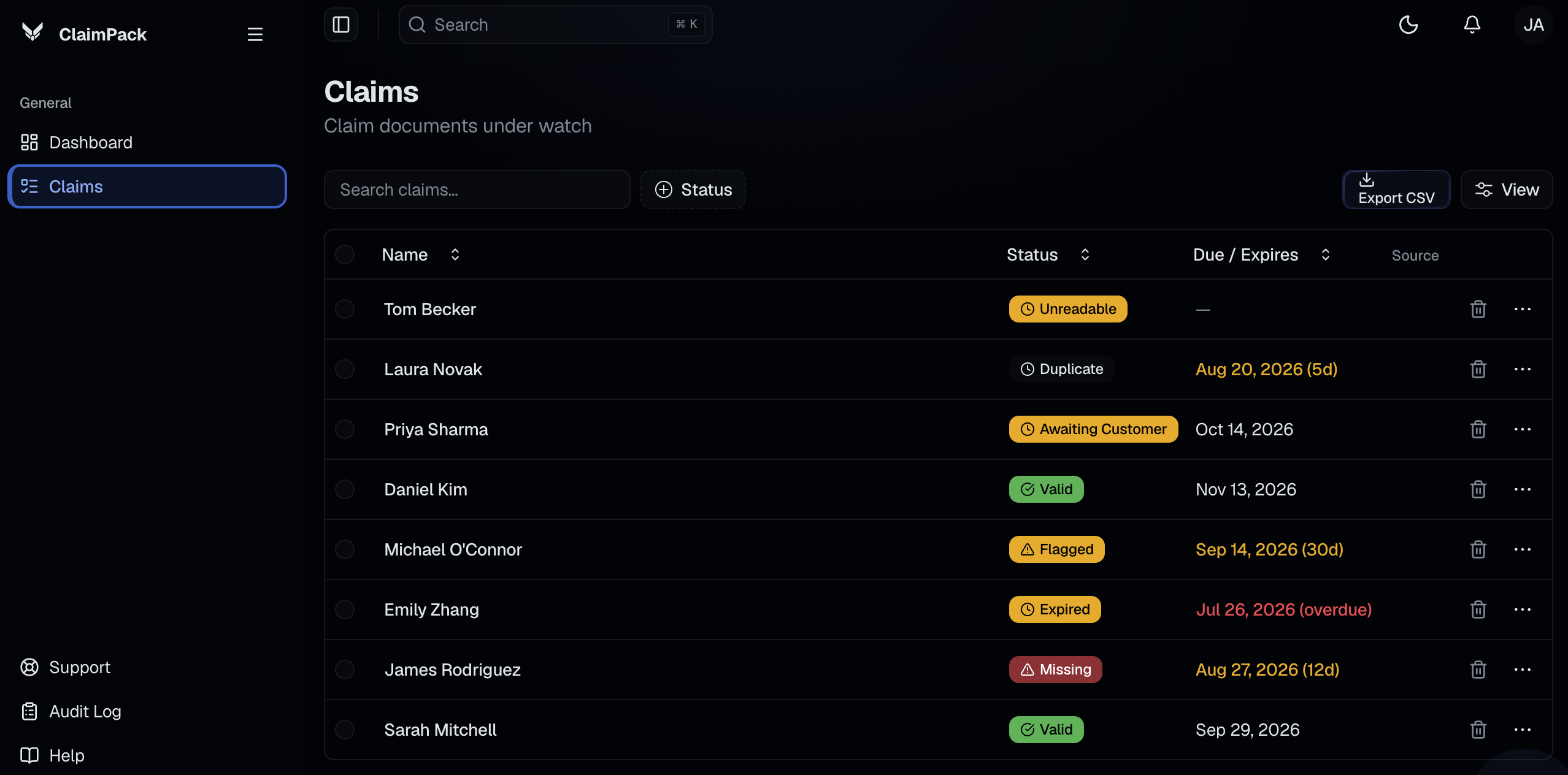 ClaimPack dashboard