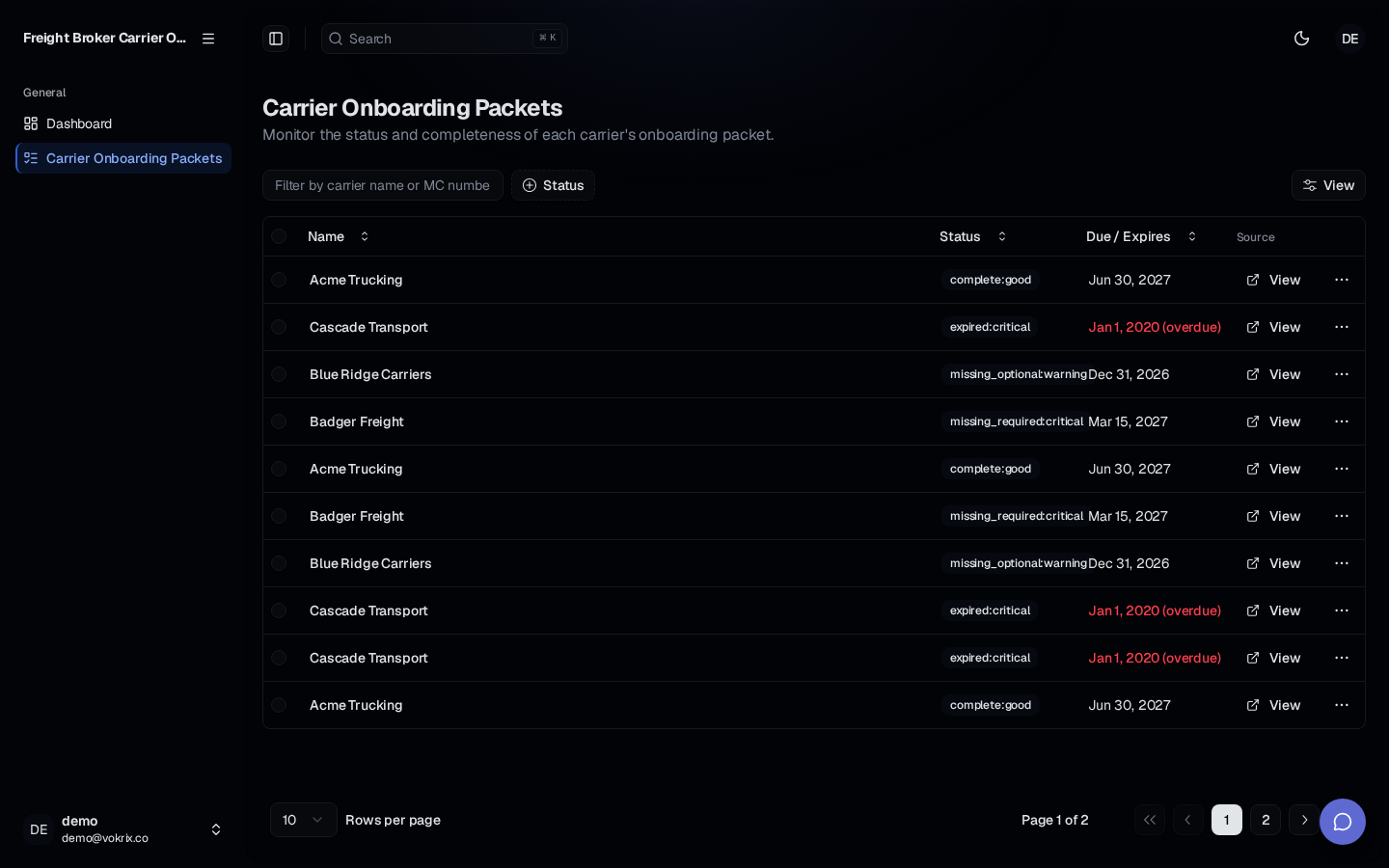 Freight Broker Carrier Onboarding Packet Completeness Checker & Chase Portal (SMB Brokerage Tier) dashboard