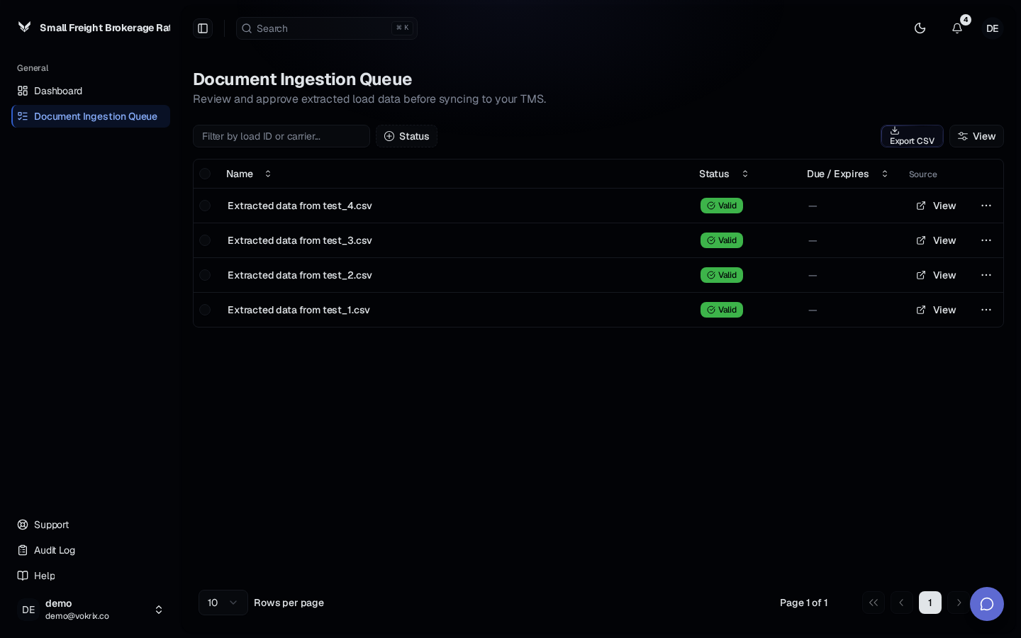 Small Freight Brokerage Rate Confirmation & BOL Document Auto-Ingestion Tool (TMS Pre-Population) dashboard