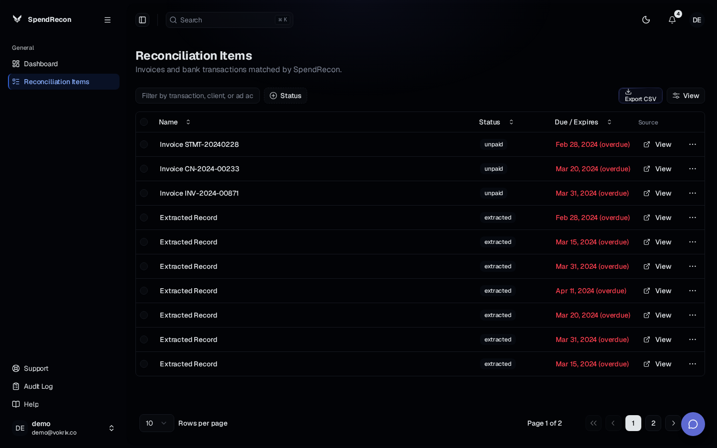 SpendRecon dashboard showing matched and exception records, payment deadlines, and total reconciled versus outstanding amounts.