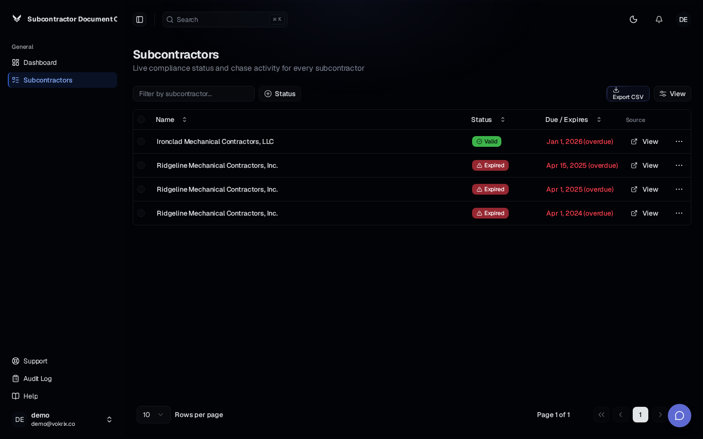 Live dashboard — subcontractor-document-collector-subcont.vokrix.co