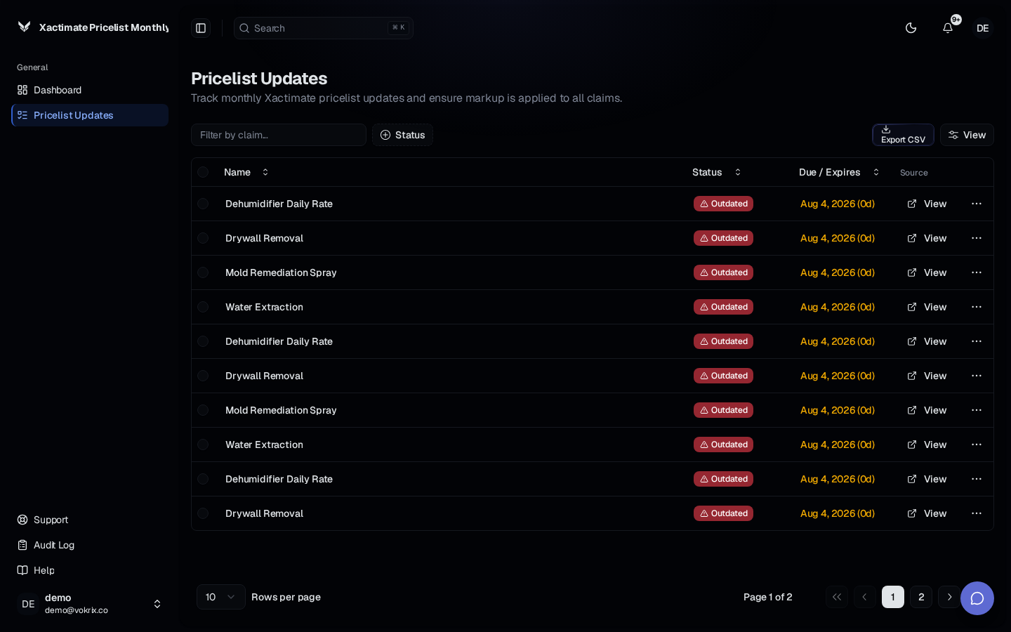 Xactimate Pricelist Monthly Update + Markup Auto-Applier (Restoration / Public Adjuster Tier) dashboard